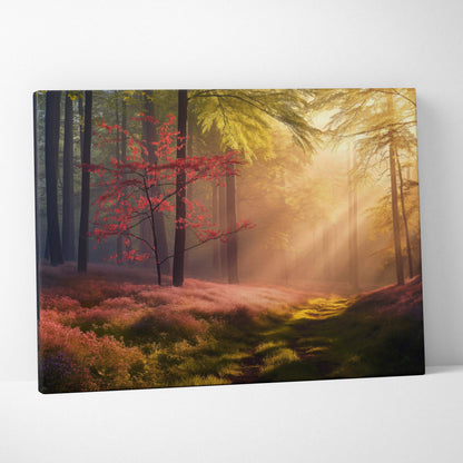 Forest sunset landscape canvas wall art with warm sunlight and colorful foliage decor.