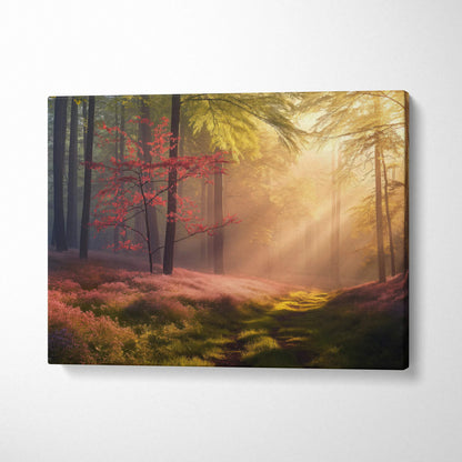 Forest sunset landscape canvas wall art with sunlight streaming through autumn trees and colorful foliage decor.