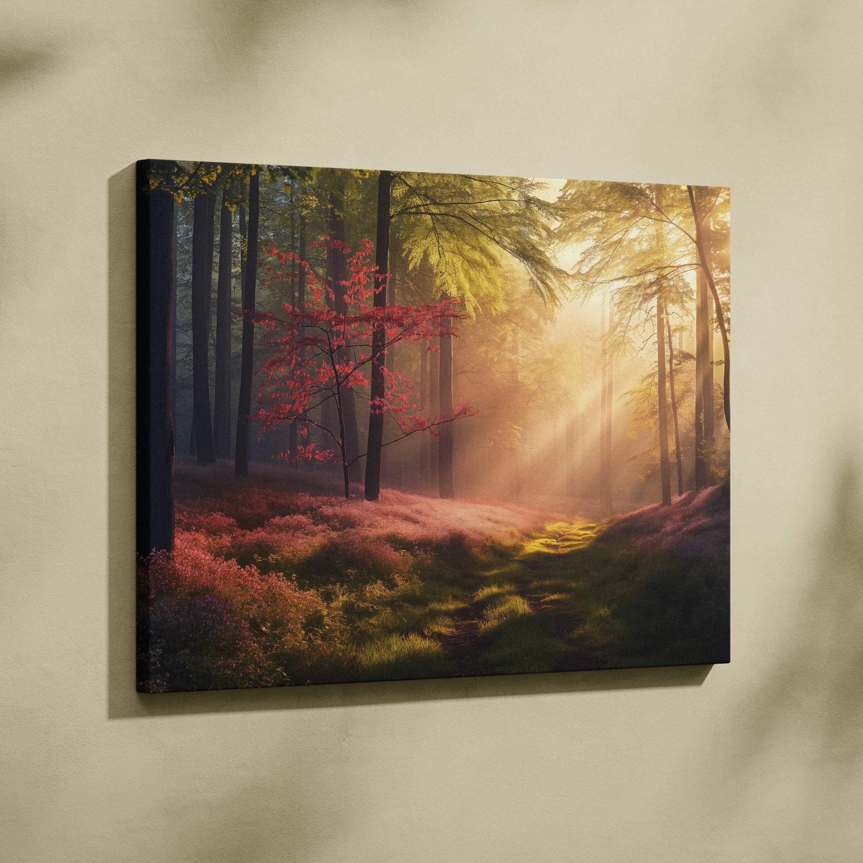 Forest sunset landscape canvas wall art with warm light rays and colorful autumn trees decor.