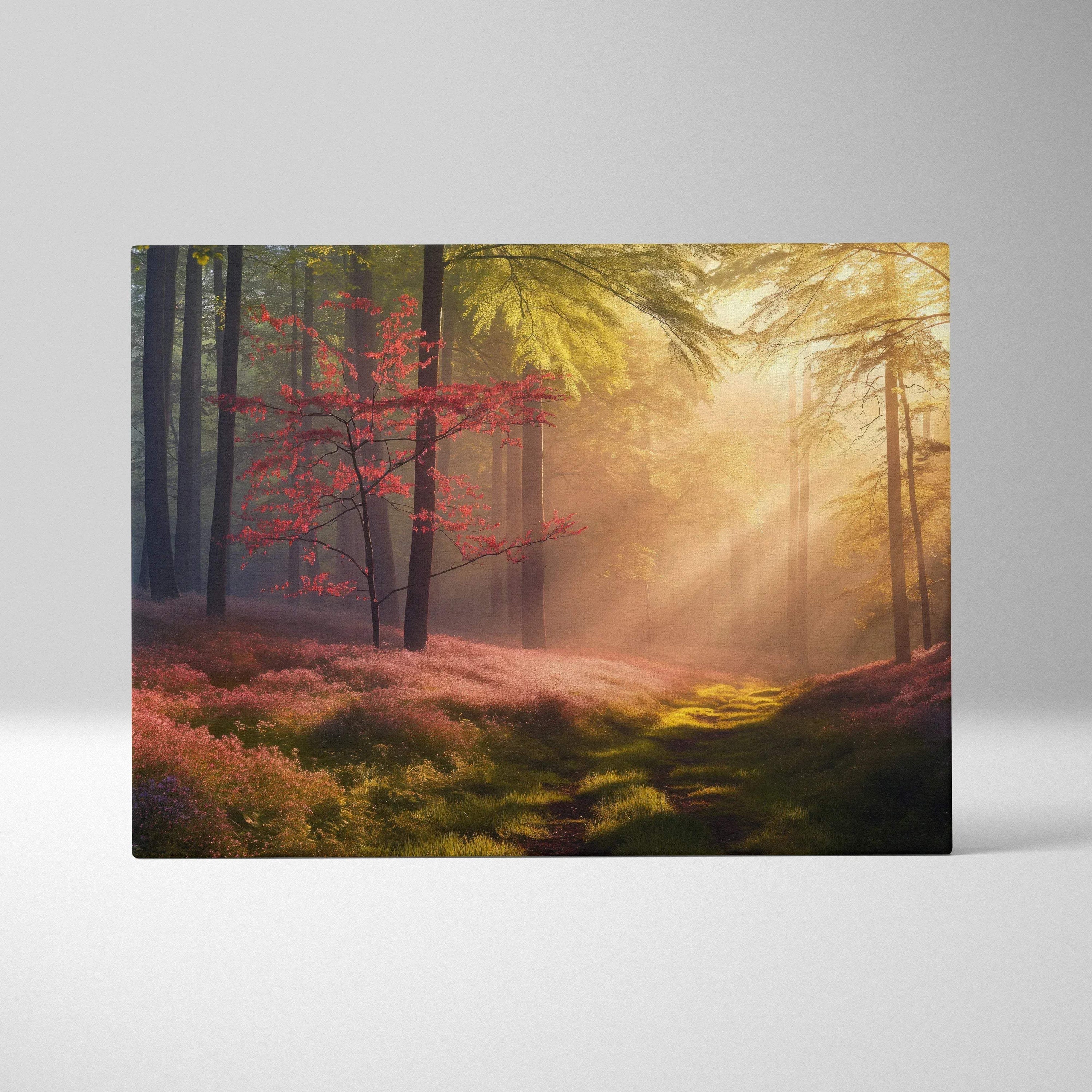 Canvas wall art featuring a forest sunset with golden light rays and red autumn leaves decor.
