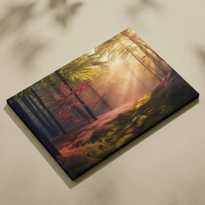 Forest sunset landscape canvas wall art with sun rays through trees and mossy ground decor.