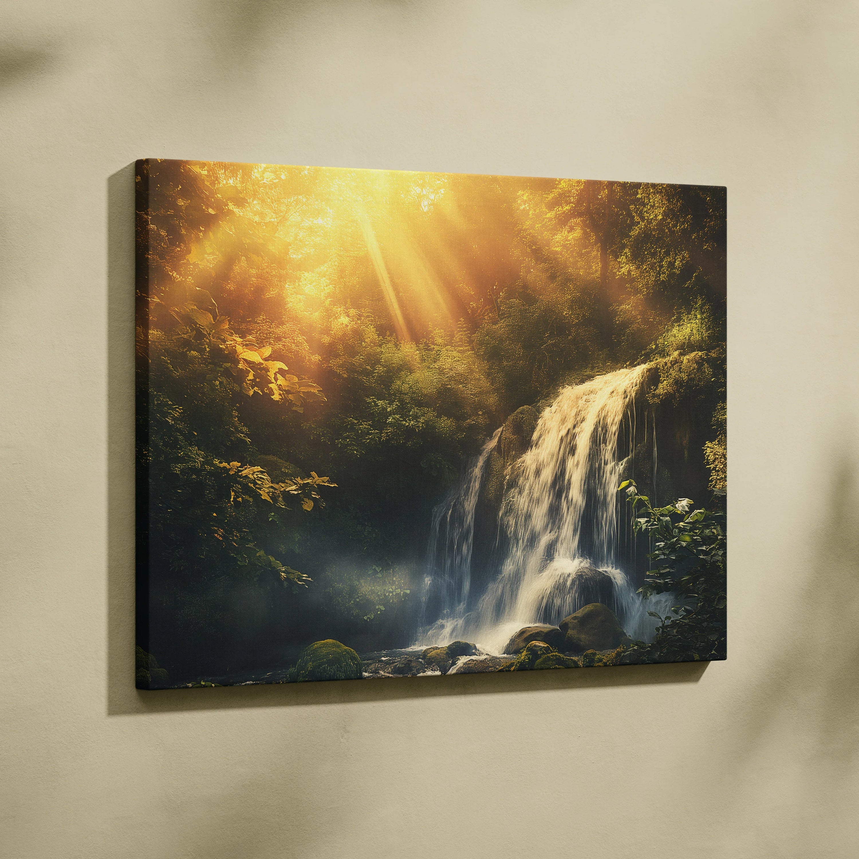 Canvas wall art depicting a golden sunset waterfall flowing through a lush green forest with warm light rays.
