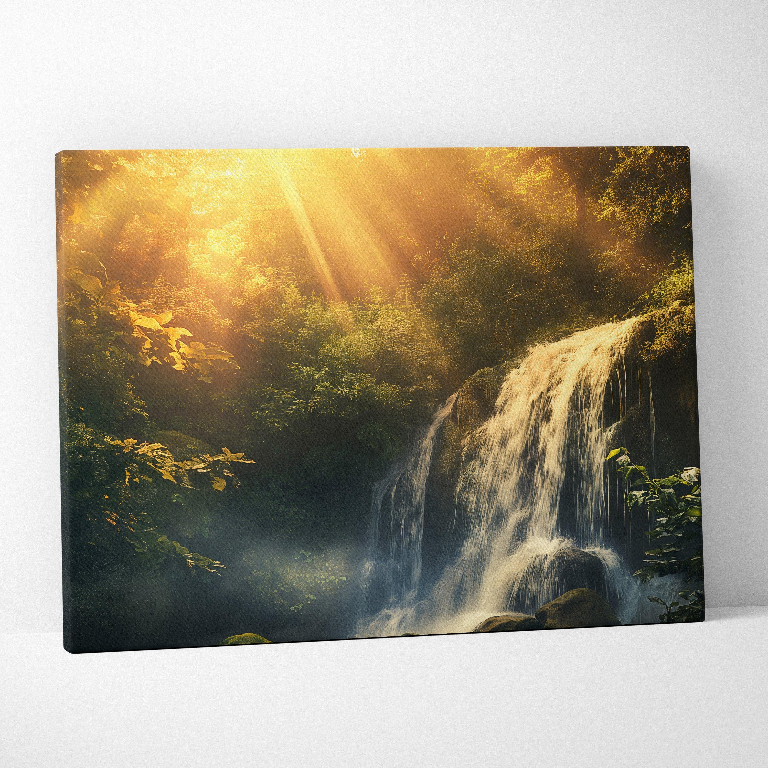 Canvas wall art featuring a golden sunset illuminating a cascading waterfall through a lush green forest, rich warm tones,.
