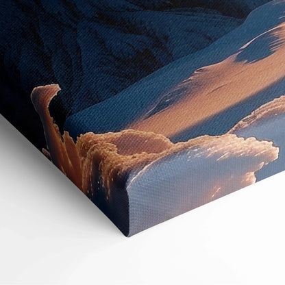 Corner close-up of canvas wall art showing textured snowy mountain landscape with warm sunset glow decor.