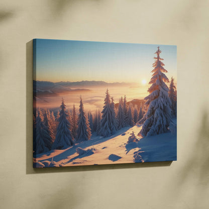 Snowy mountain sunset landscape on canvas wall art with vibrant winter colors and pine trees decor.