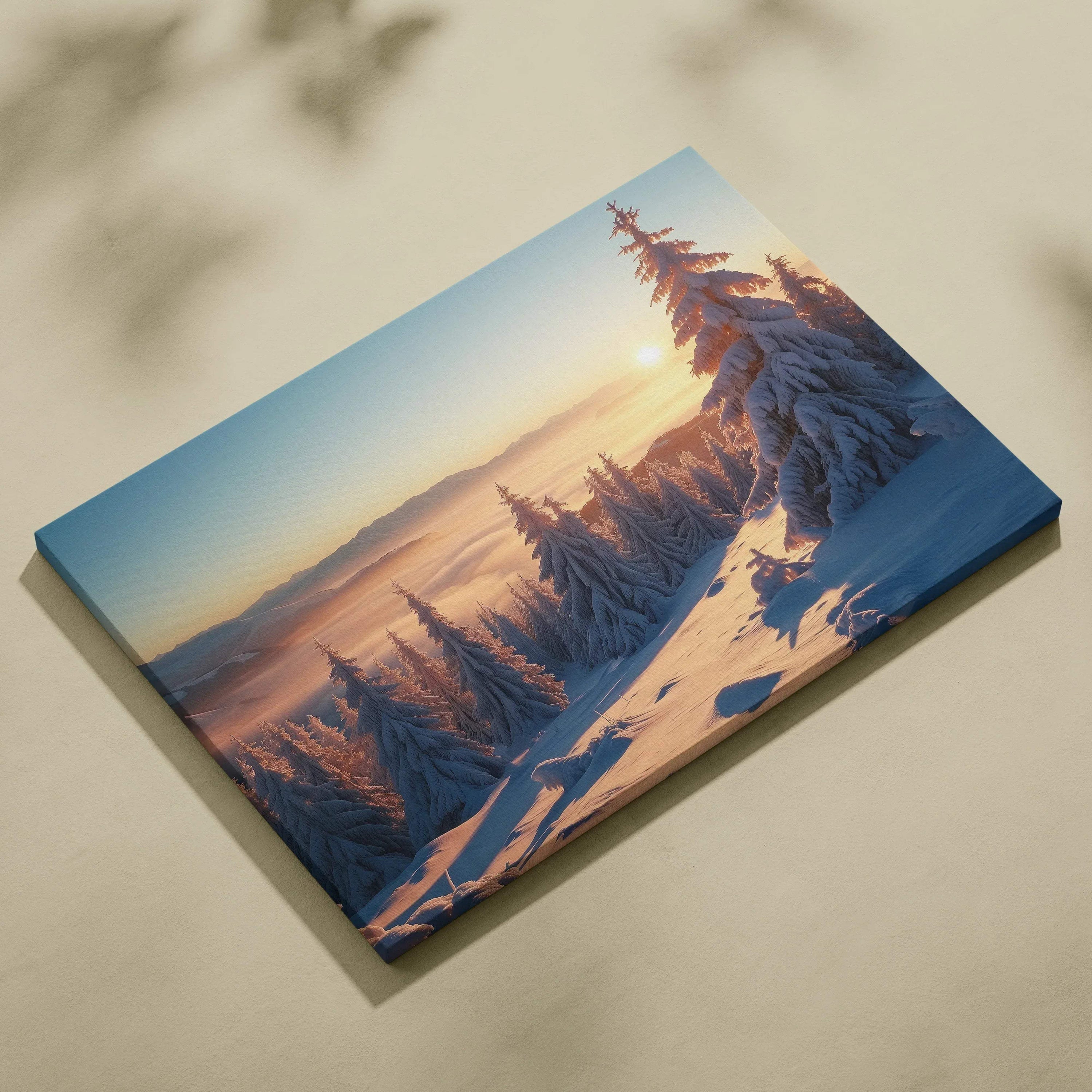 Snowy mountain sunset landscape canvas wall art with warm golden light and snow-covered pine trees.