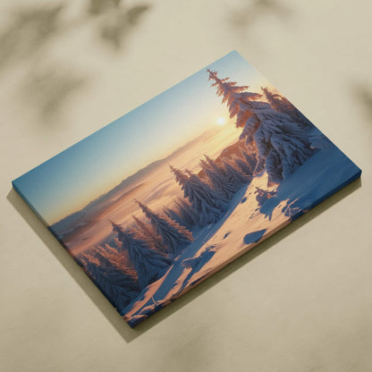 Snowy mountain sunset landscape canvas wall art with warm golden light and snow-covered pine trees.