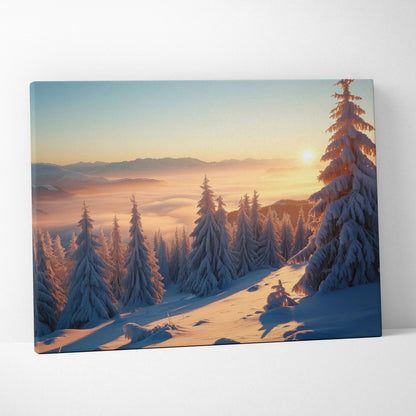 Canvas wall art of snowy mountain landscape at sunset with soft pastel sky and pine trees decor.
