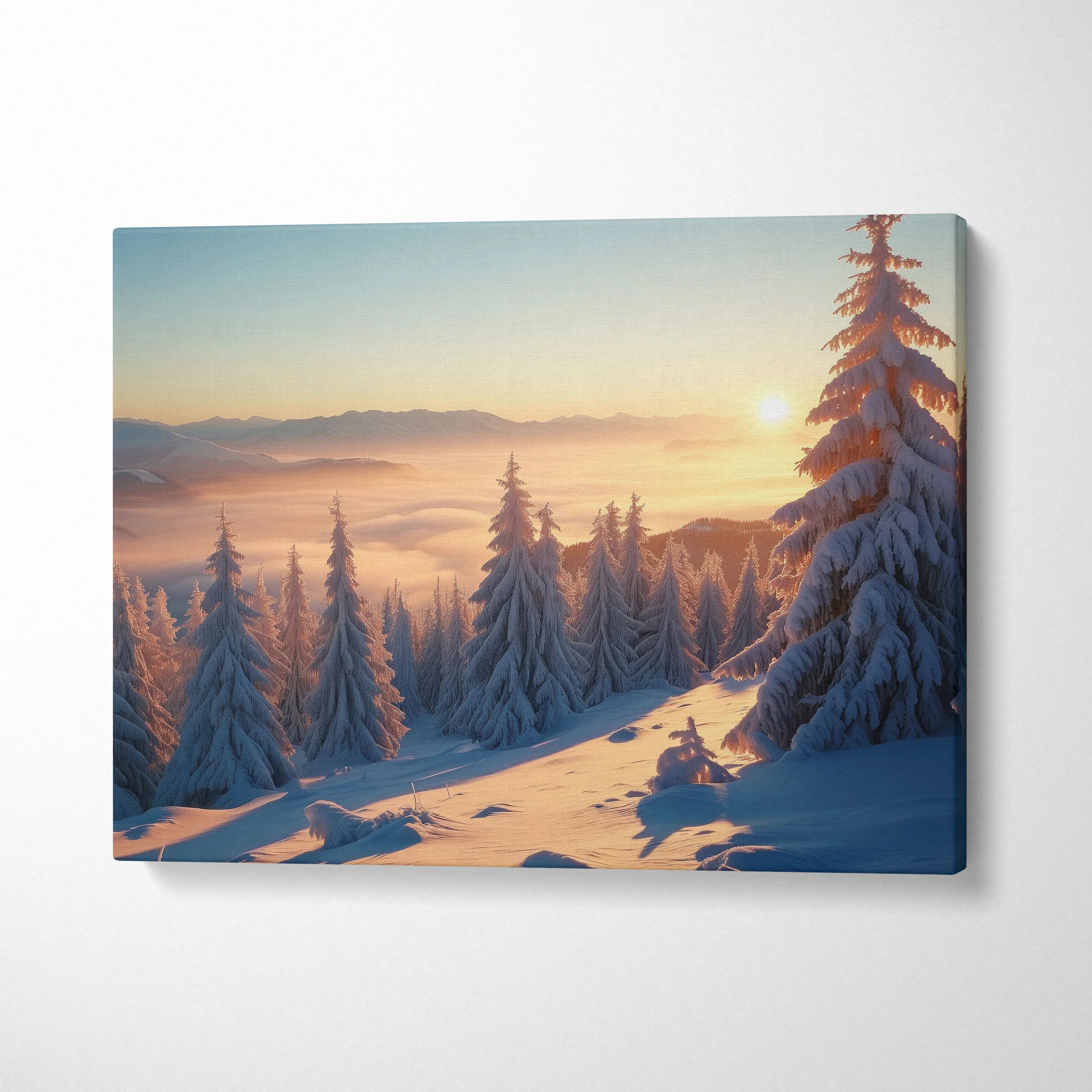 Snowy mountain sunset landscape on canvas wall art with warm golden sky and snow-covered pine trees.
