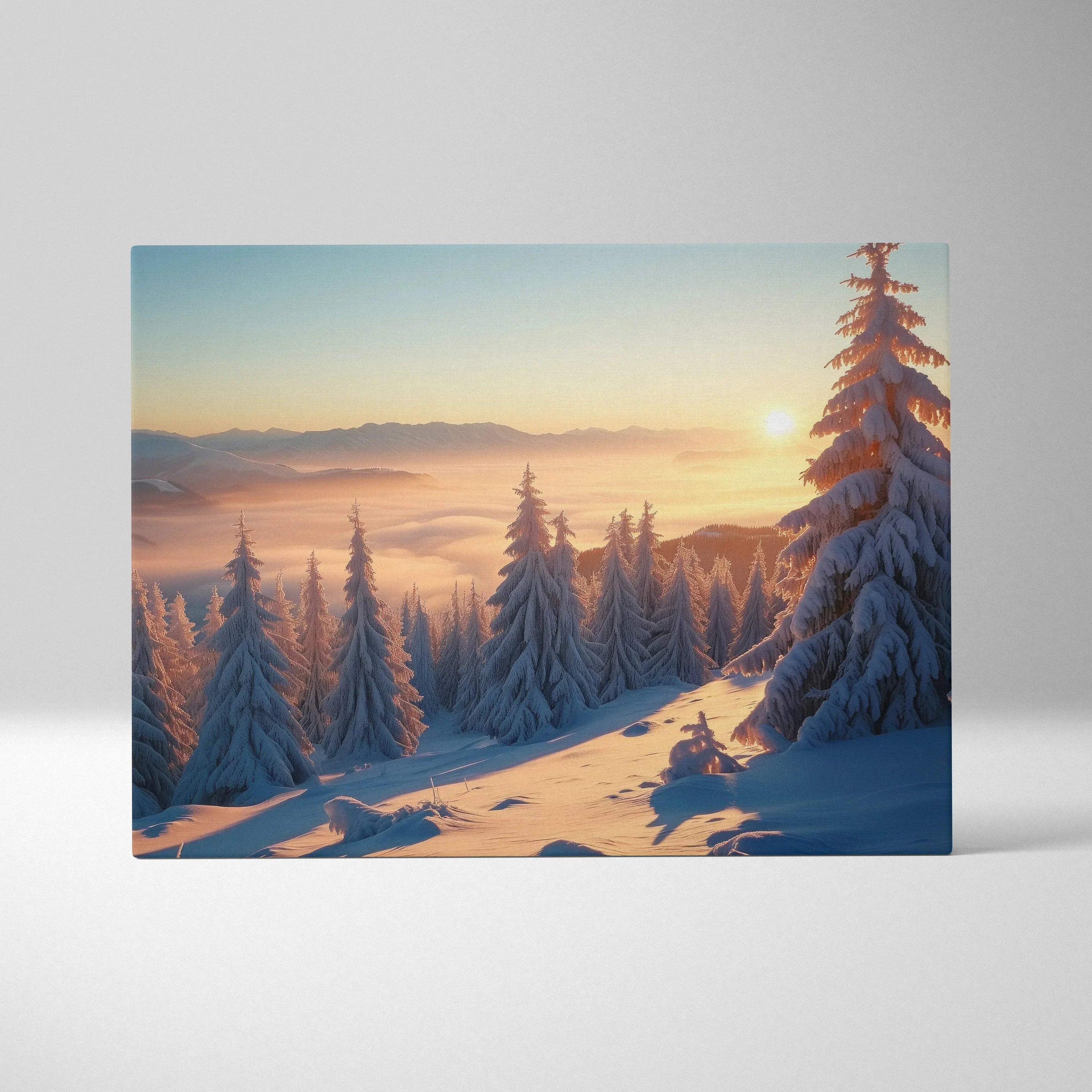 Canvas wall art featuring a snowy mountain sunset landscape with frosted pine trees and warm sunlight glow.