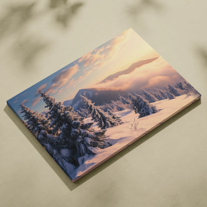 Canvas wall art showing snowy mountain landscape with pink and orange sunset sky.