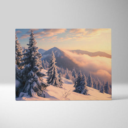 Canvas wall art of snowy pine trees on mountain slope at colorful winter sunset.