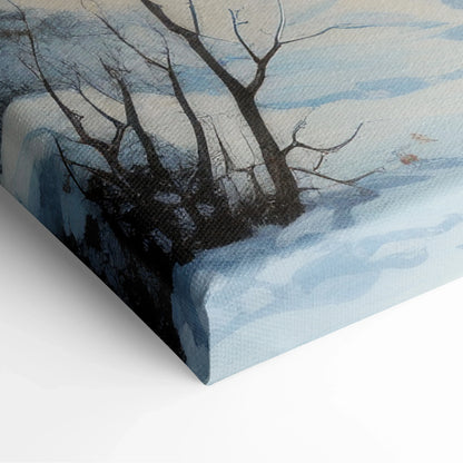 Canvas wall art depicting a snowy winter landscape with bare trees and soft blue-gray tones.
