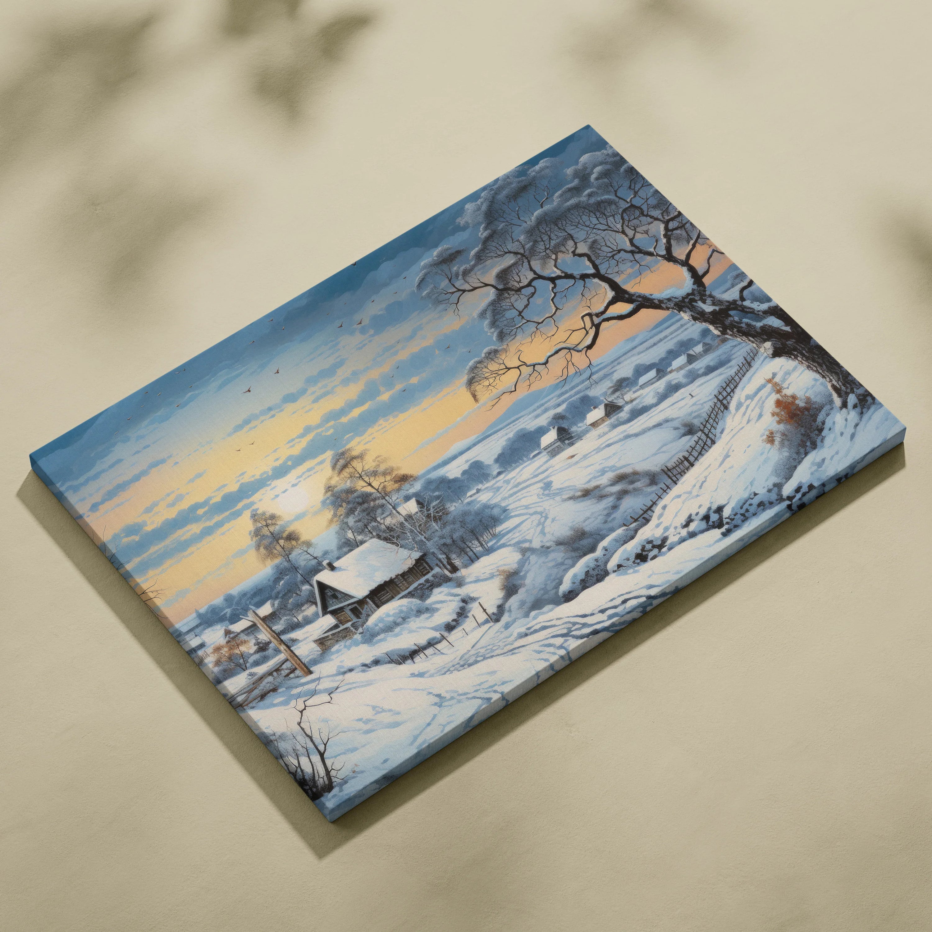 Snowy winter landscape digital art on canvas with trees, snow-covered cabin, and soft sunset sky wall decor.