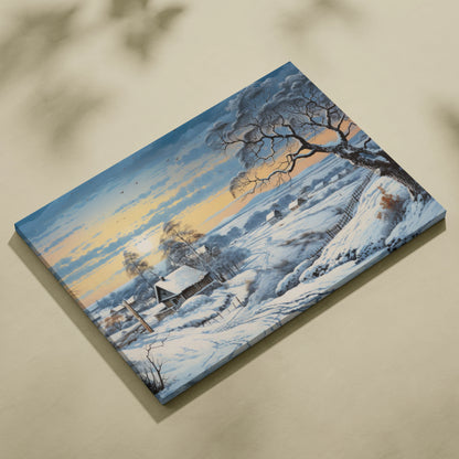 Snowy winter landscape digital art on canvas with trees, snow-covered cabin, and soft sunset sky wall decor.