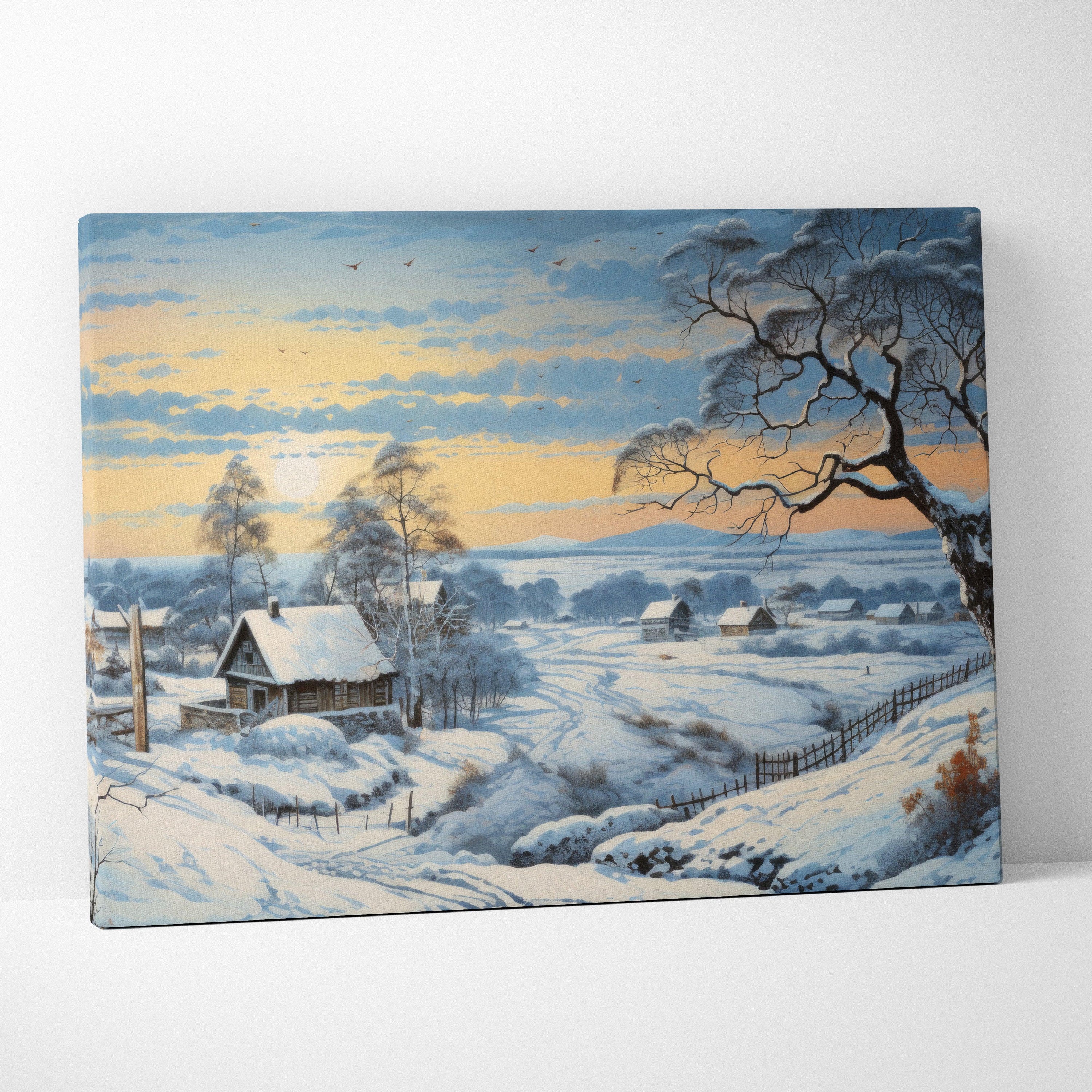 Snowy winter landscape canvas wall art with cabin, bare tree, and serene sunset sky decor.