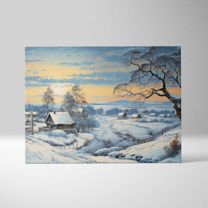 Winter landscape digital art canvas print featuring snow-covered trees, cabin, and soft sunset sky.