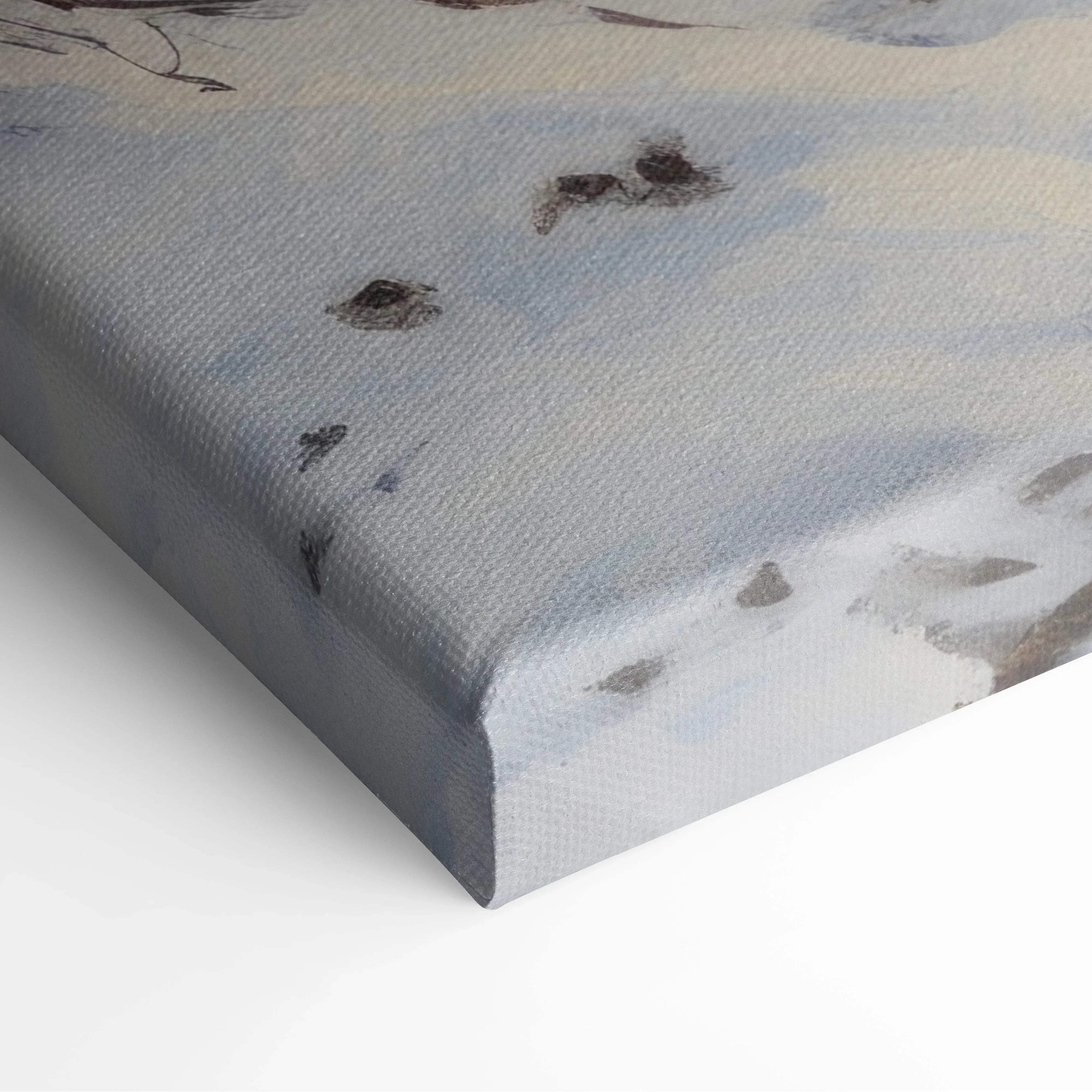 Textured canvas painting of a muted blue and gray winter landscape with subtle dark markings and warm orange pink hues