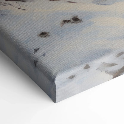 Close-up of textured canvas wall art showing soft blue and white snowy mountain scene with subtle shadow details.