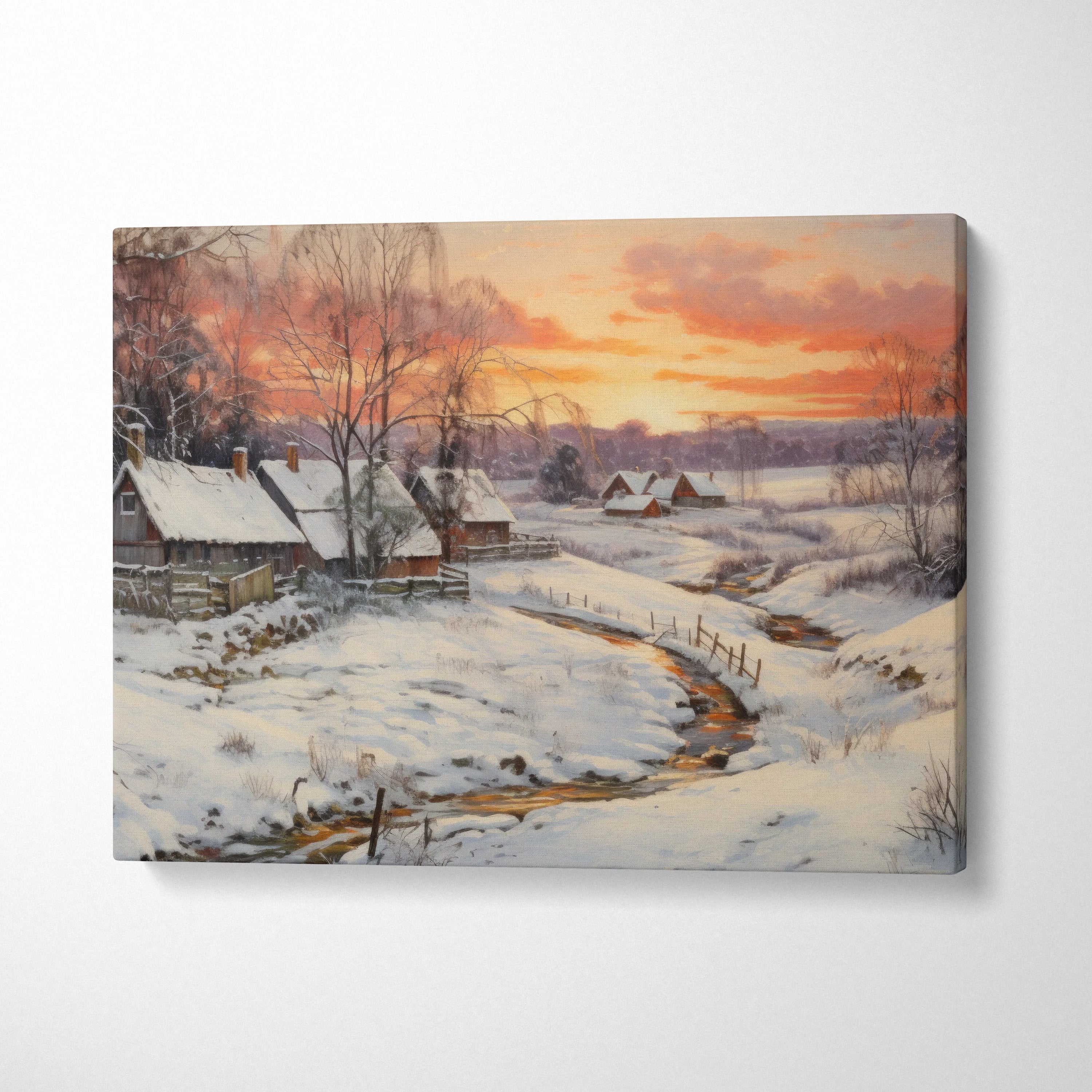 Canvas wall art featuring a snowy mountain sunset scene with vibrant orange and purple sky decor.
