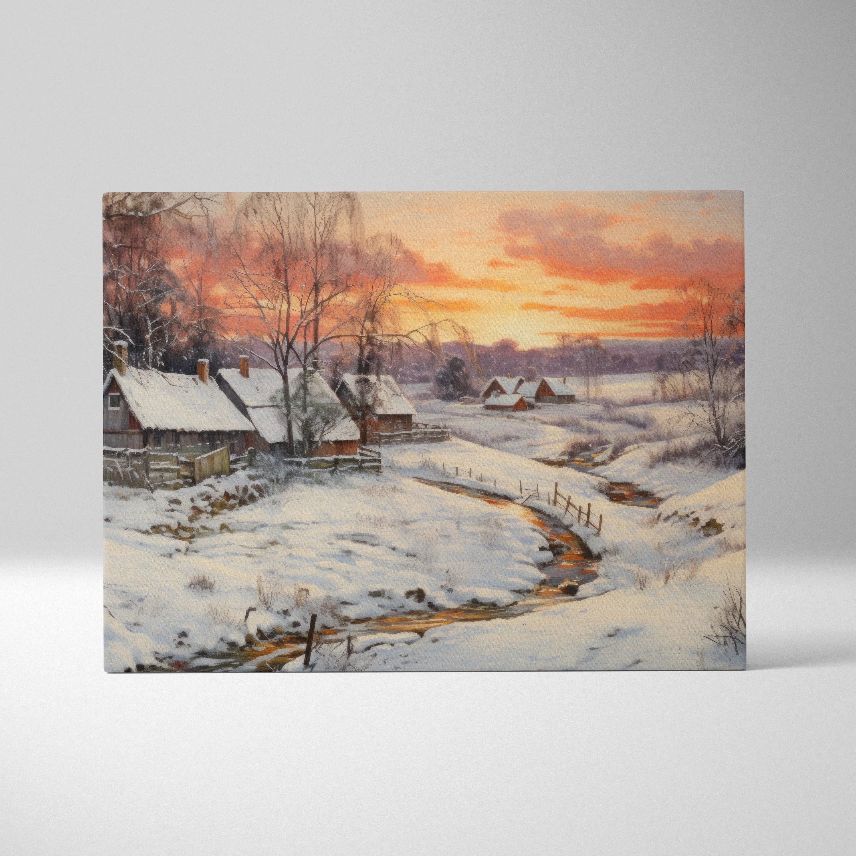 Canvas wall art featuring a snowy winter landscape with a winding creek, bare trees, rustic cabins, and a vibrant orange and