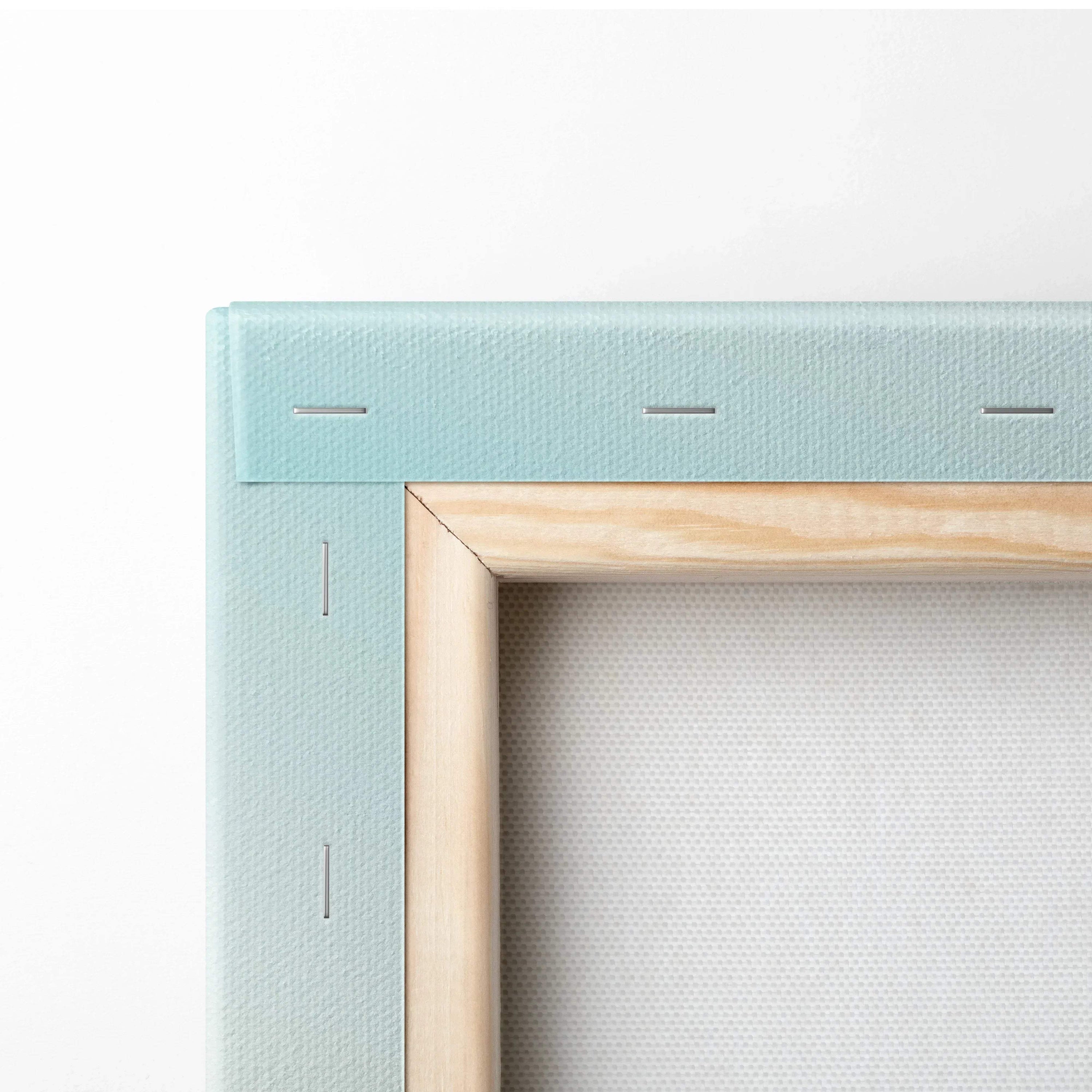 Light blue canvas frame with wood border and floral bee art