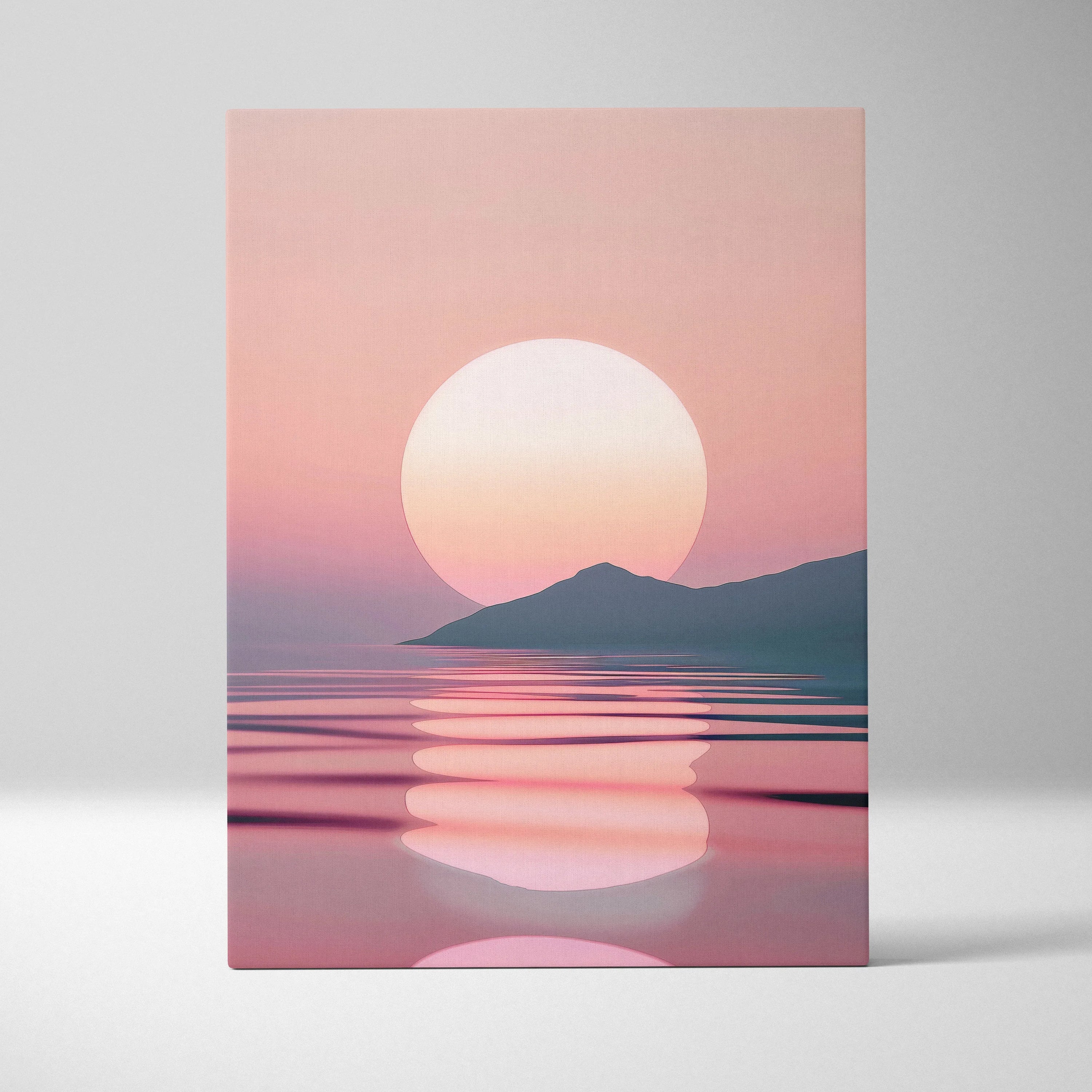 Minimalist sunset over the sea canvas with soft pink tones and silhouette mountain wall art decor.