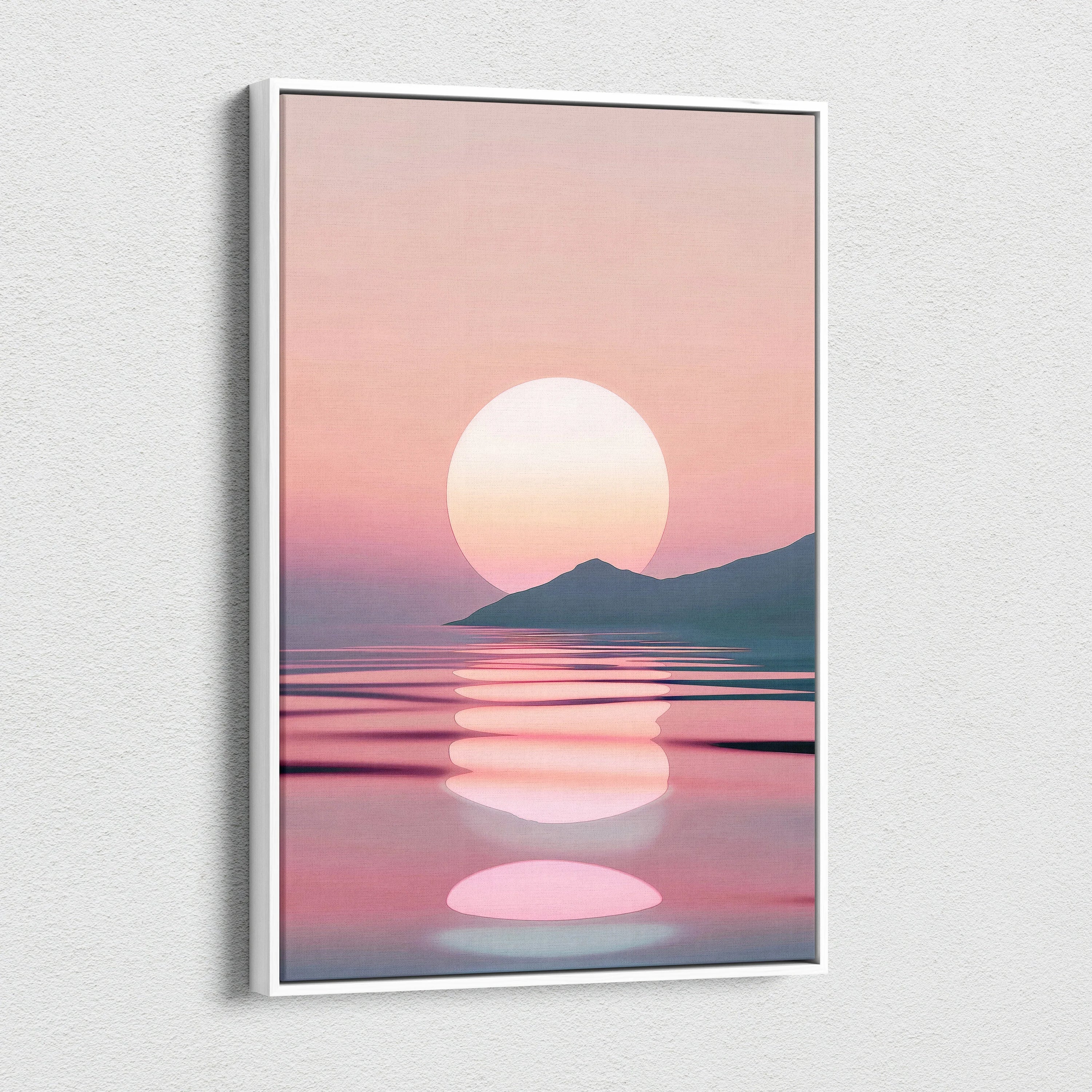 Minimalist digital art canvas print featuring a large white sun setting over calm pink and purple sea with distant mountain.