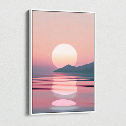 Minimalist digital art canvas print featuring a large white sun setting over calm pink and purple sea with distant mountain.