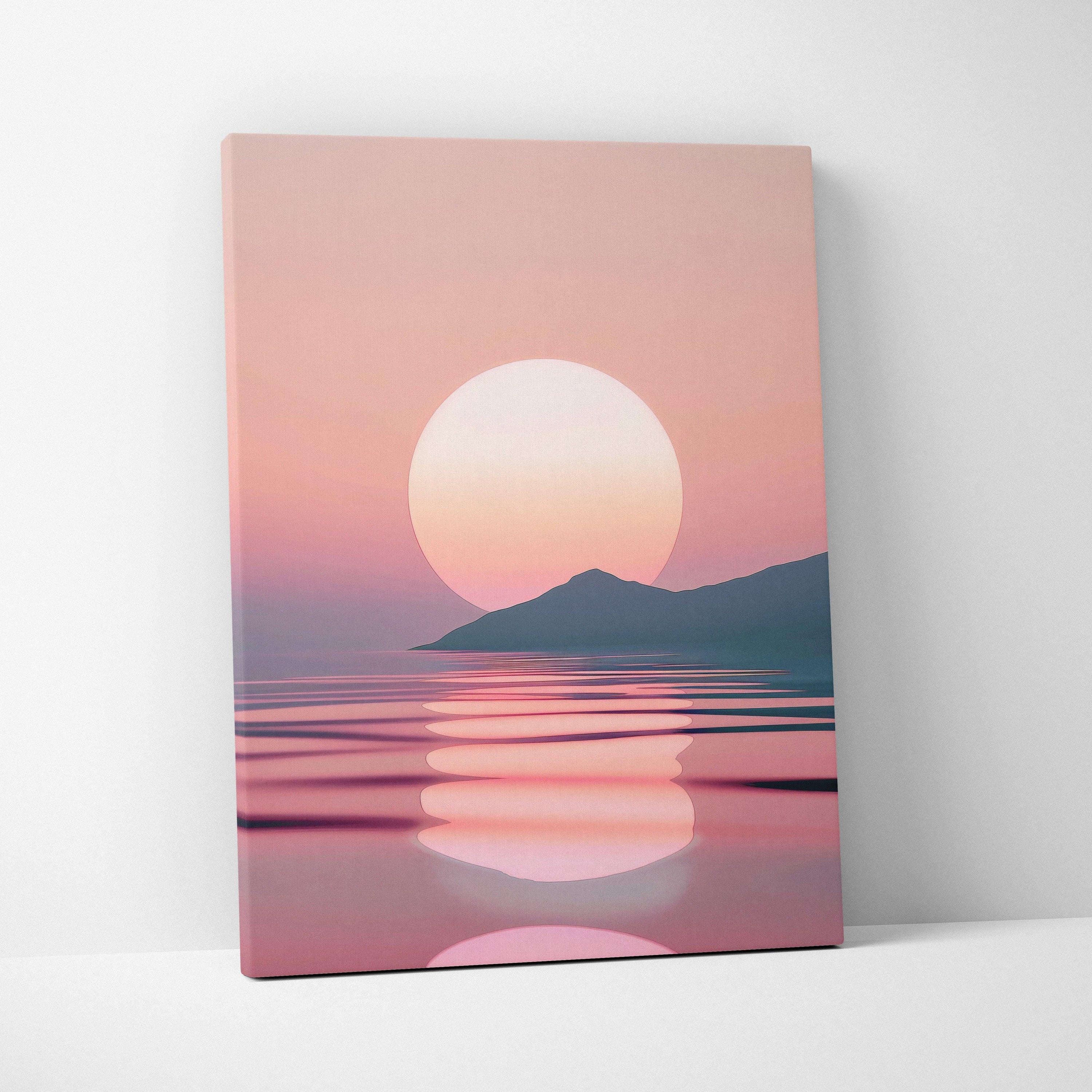 Minimalist canvas wall art featuring a large white sun setting over a dark silhouette of mountains above reflective pink and