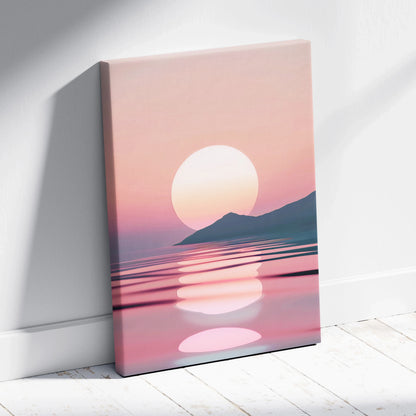 Minimalist sunset over the sea digital art on vertical canvas wall art with soft pink and purple hues for modern decor.