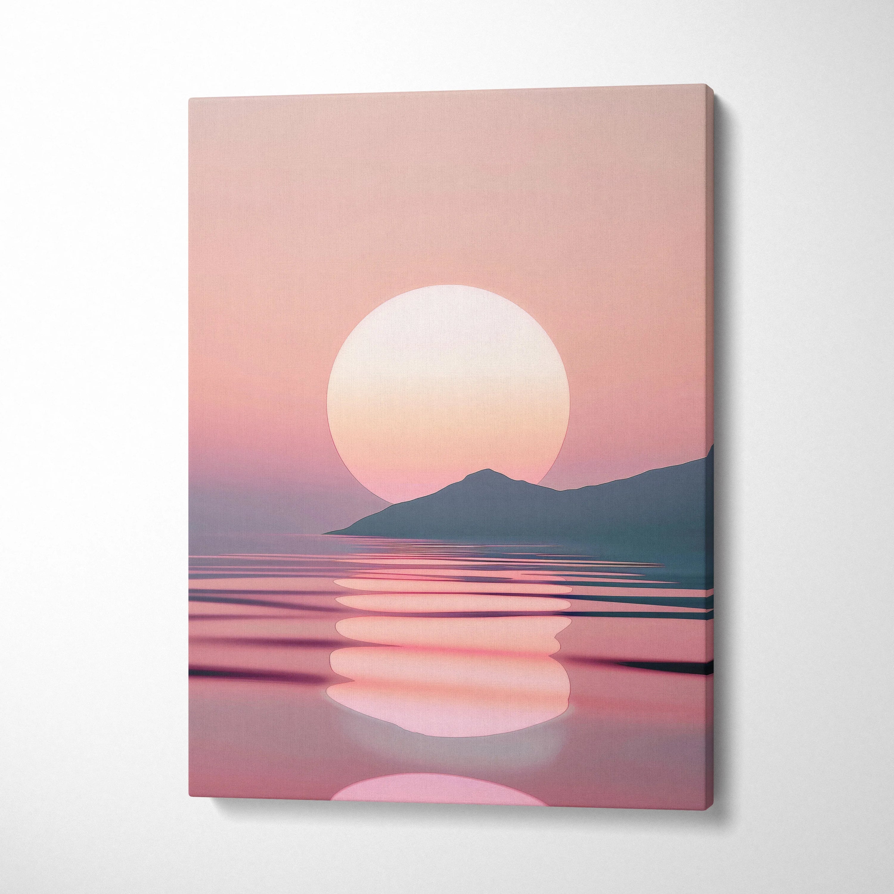 Minimalist canvas wall art featuring a pink sunset over sea with mountain silhouette for home decor.