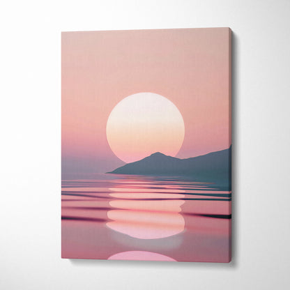 Minimalist canvas wall art featuring a pink sunset over sea with mountain silhouette for home decor.