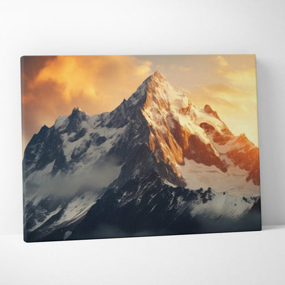 Snow-capped alpine mountain peak canvas print in golden sunset hues