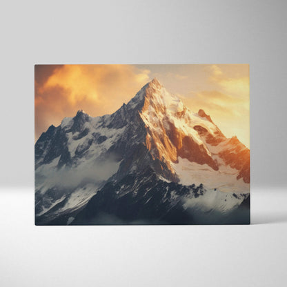 Snowy Alpine mountain peaks at sunset in warm golden hour canvas wall art