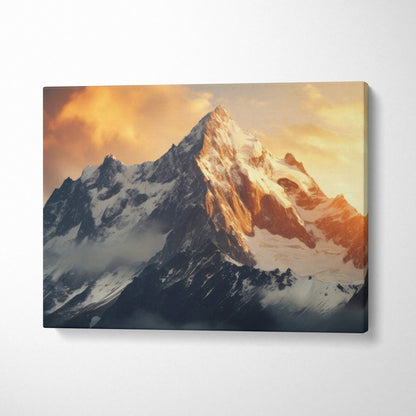 Snowy Alpine mountain peak canvas print at sunset in golden hour tones