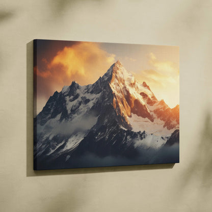 Framed canvas wall art of snow-capped Alpine peaks at golden hour sunset