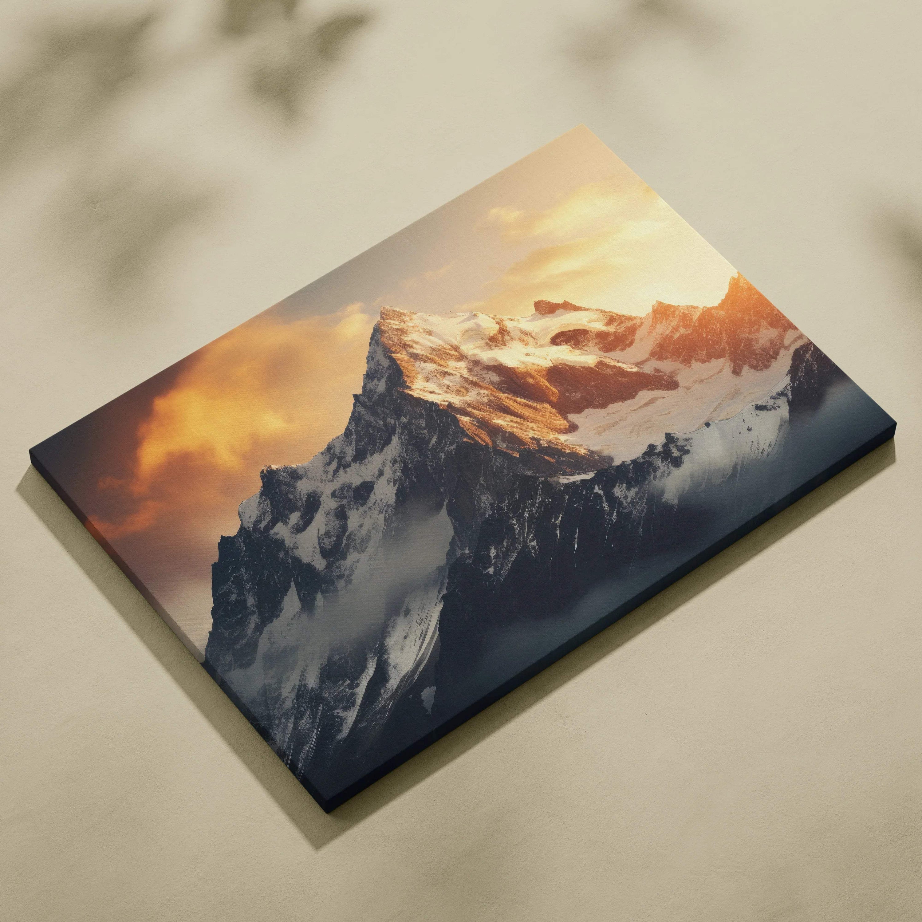 Canvas wall art of snowy Alpine mountain peaks at sunset in warm golden tones