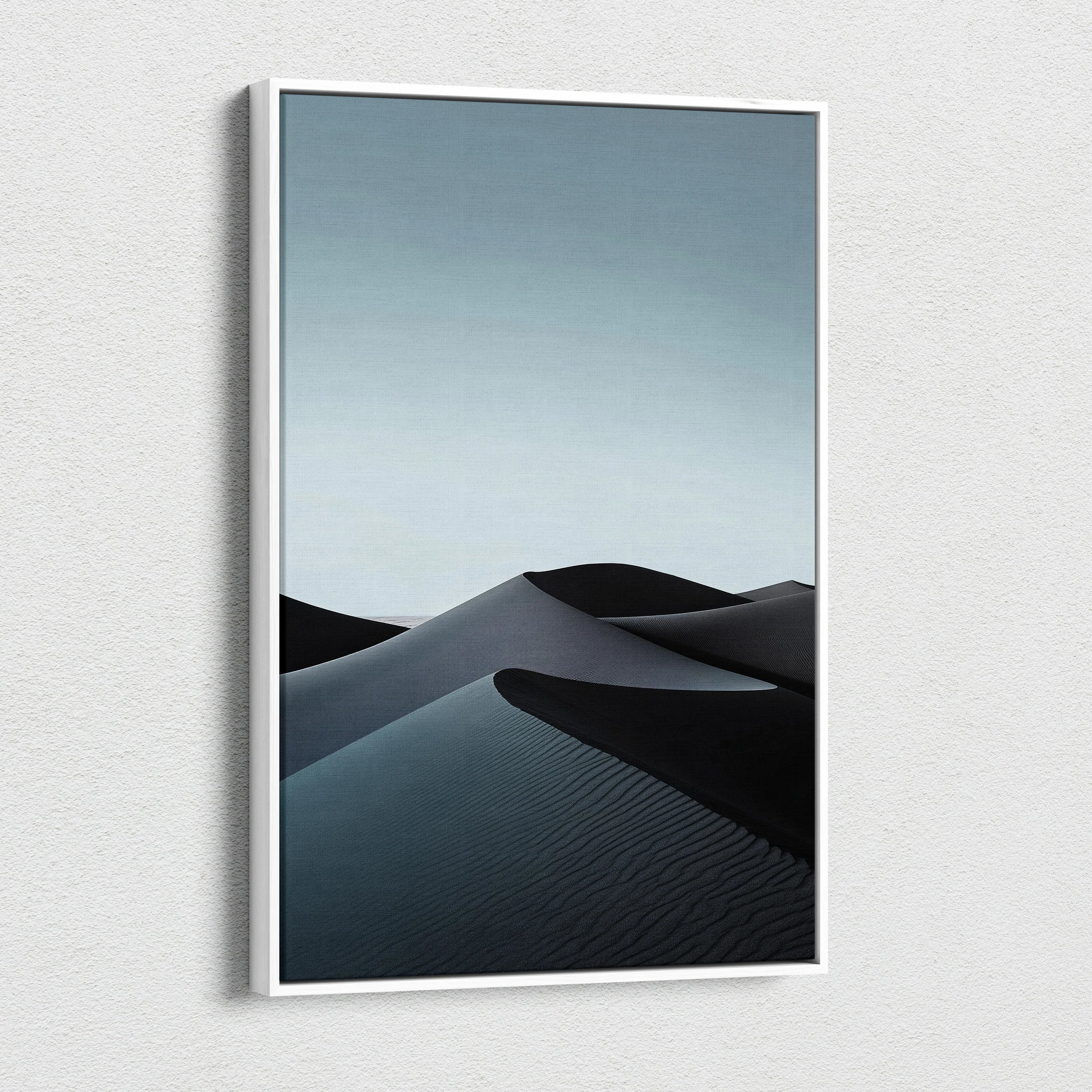 Minimalist black sand dunes digital canvas wall art with gradient blue sky decor.