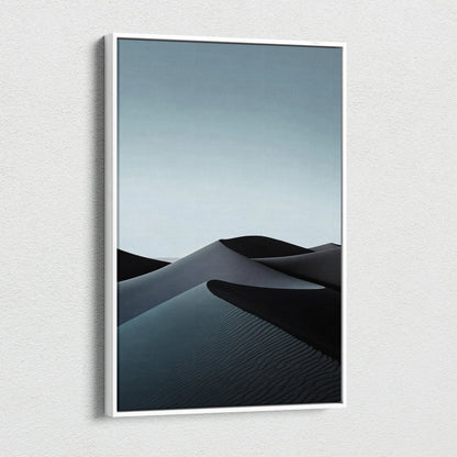 Minimalist black sand dunes digital canvas wall art with gradient blue sky decor.