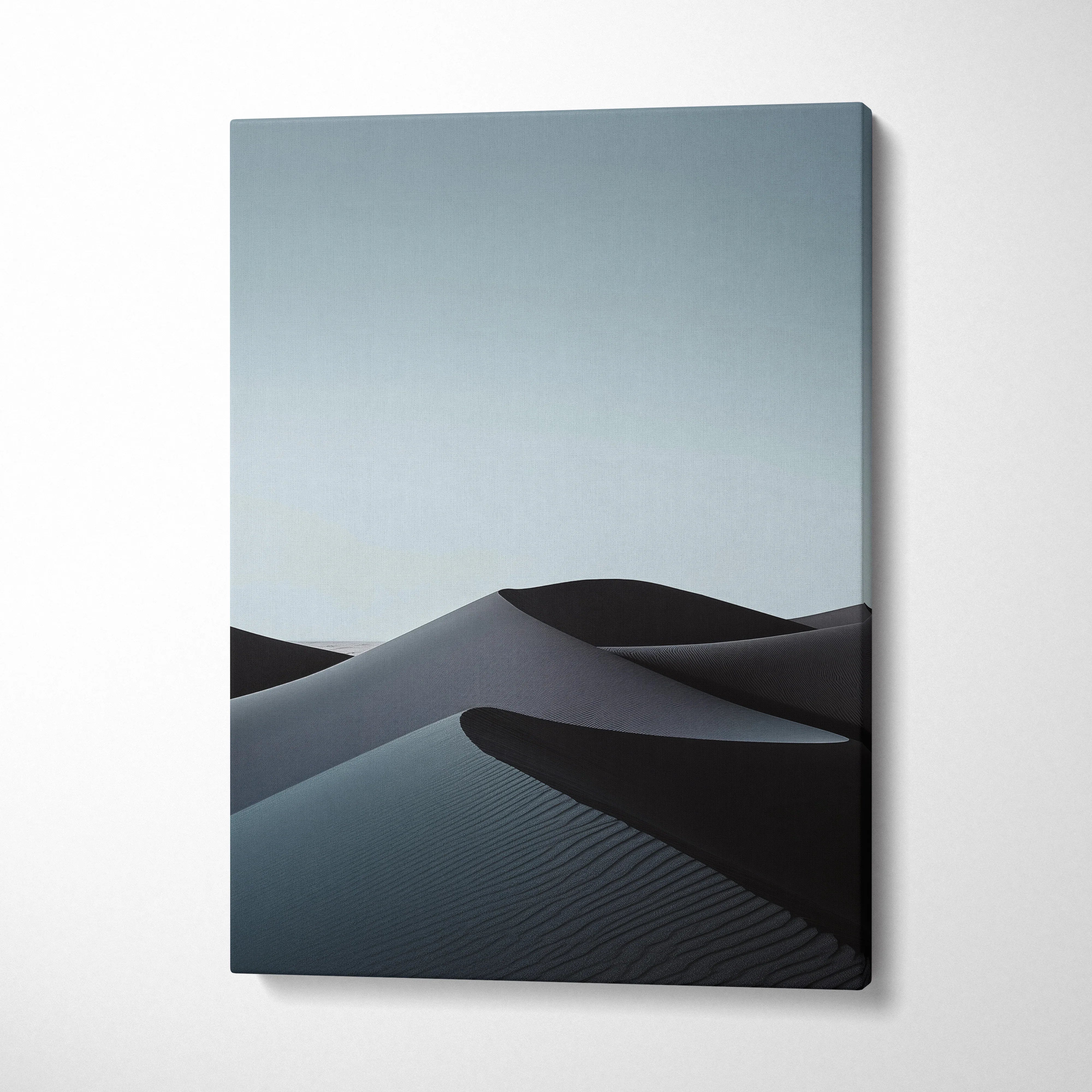 Minimalist black sand dunes canvas wall art with smooth gradients and soft shadows decor.