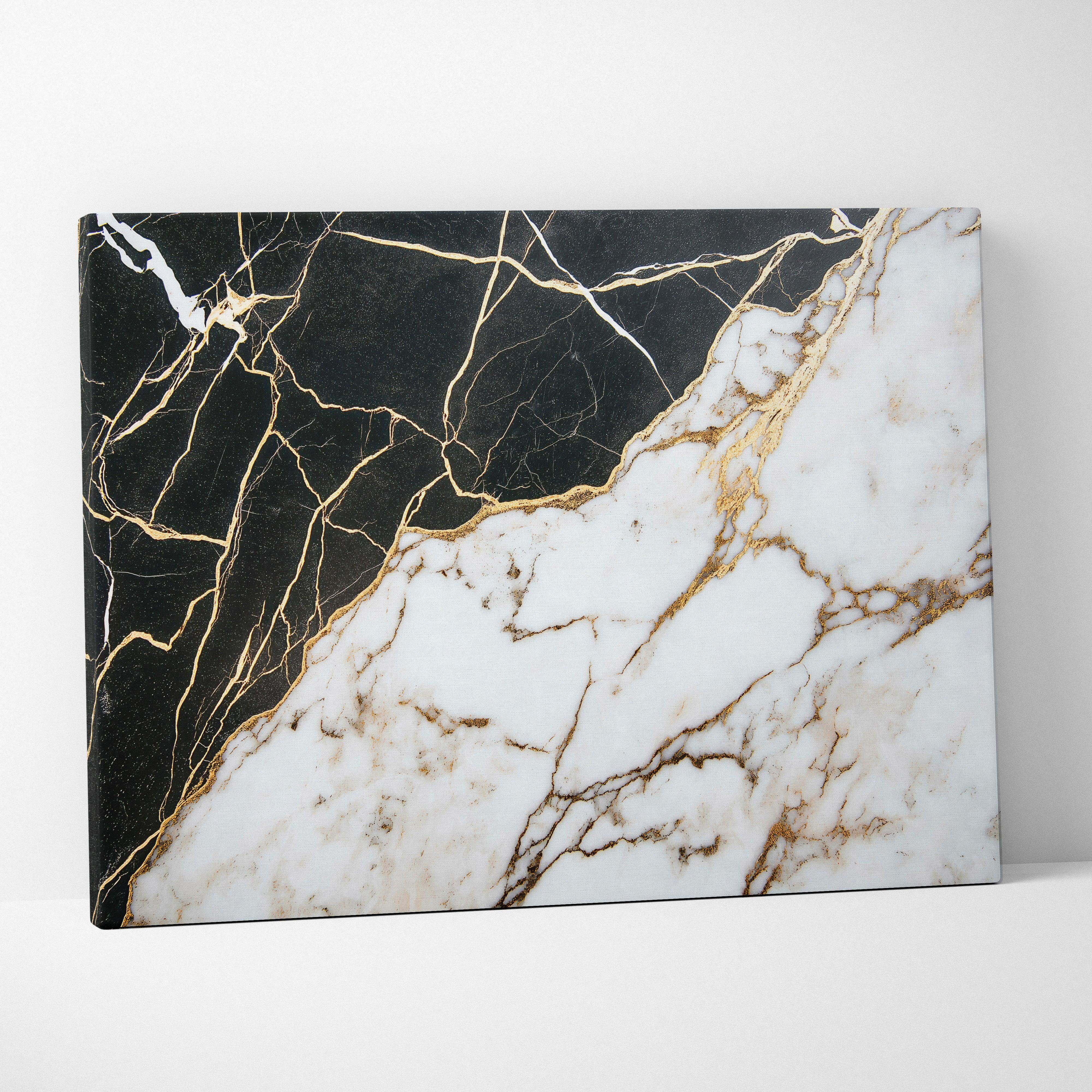 Abstract marble canvas wall art featuring black and white marble with gold veins for luxurious modern living room decor