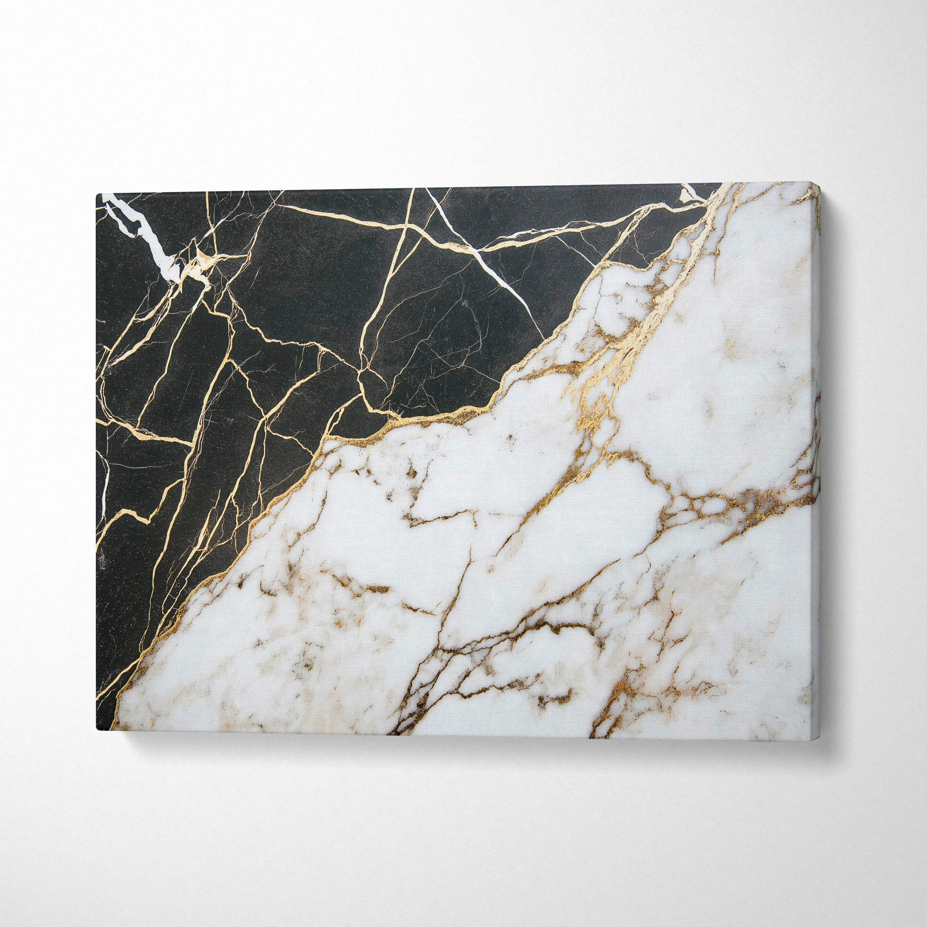 Abstract black and white marble pattern canvas art with gold veining wall art.