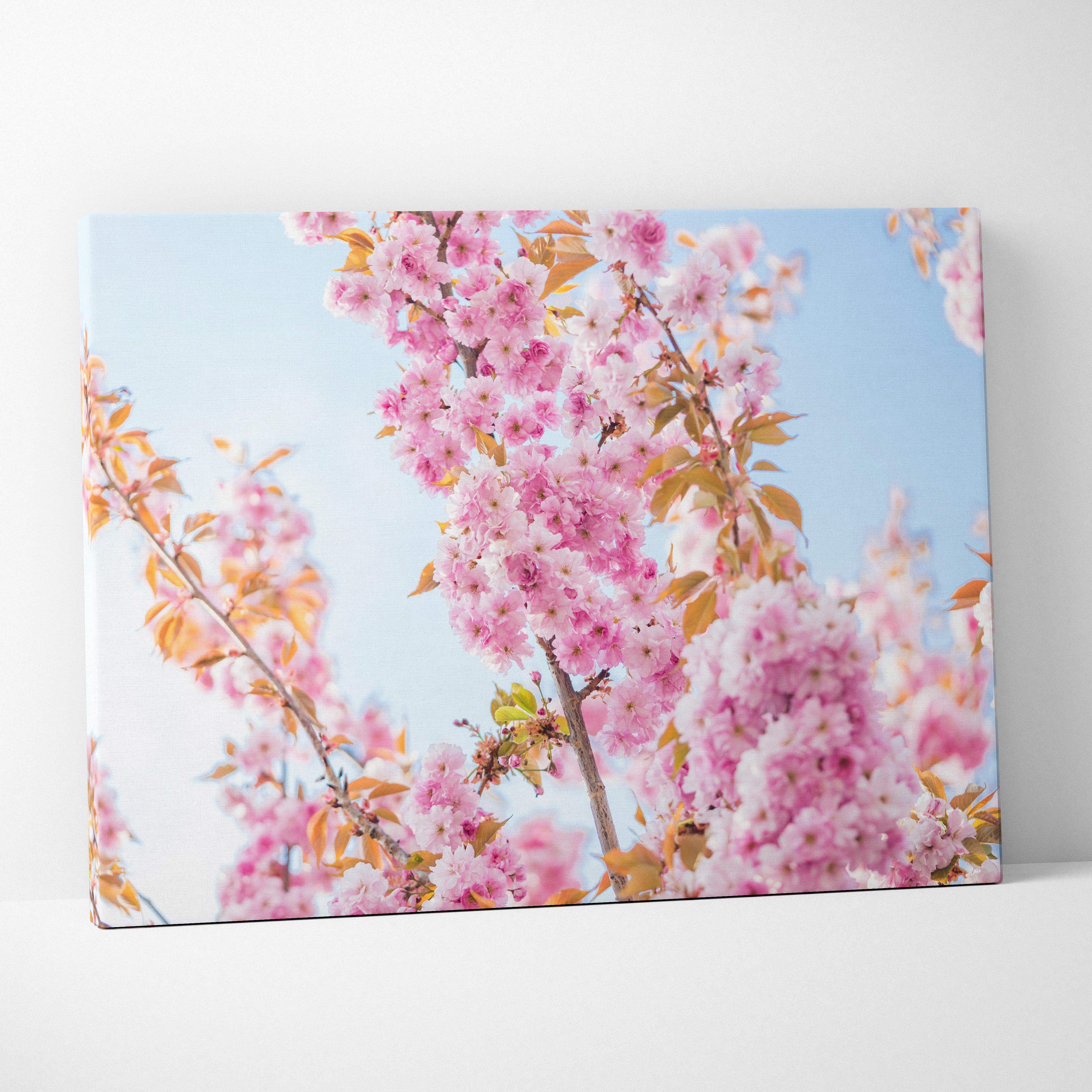 Vibrant pink cherry blossom canvas wall art in serene sky blues palette