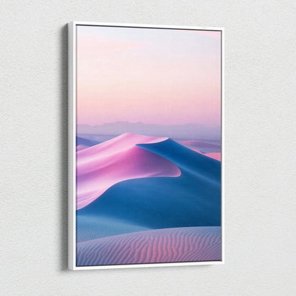 Minimalist canvas wall art with smooth blue and purple sand dunes under a soft pink sky.
