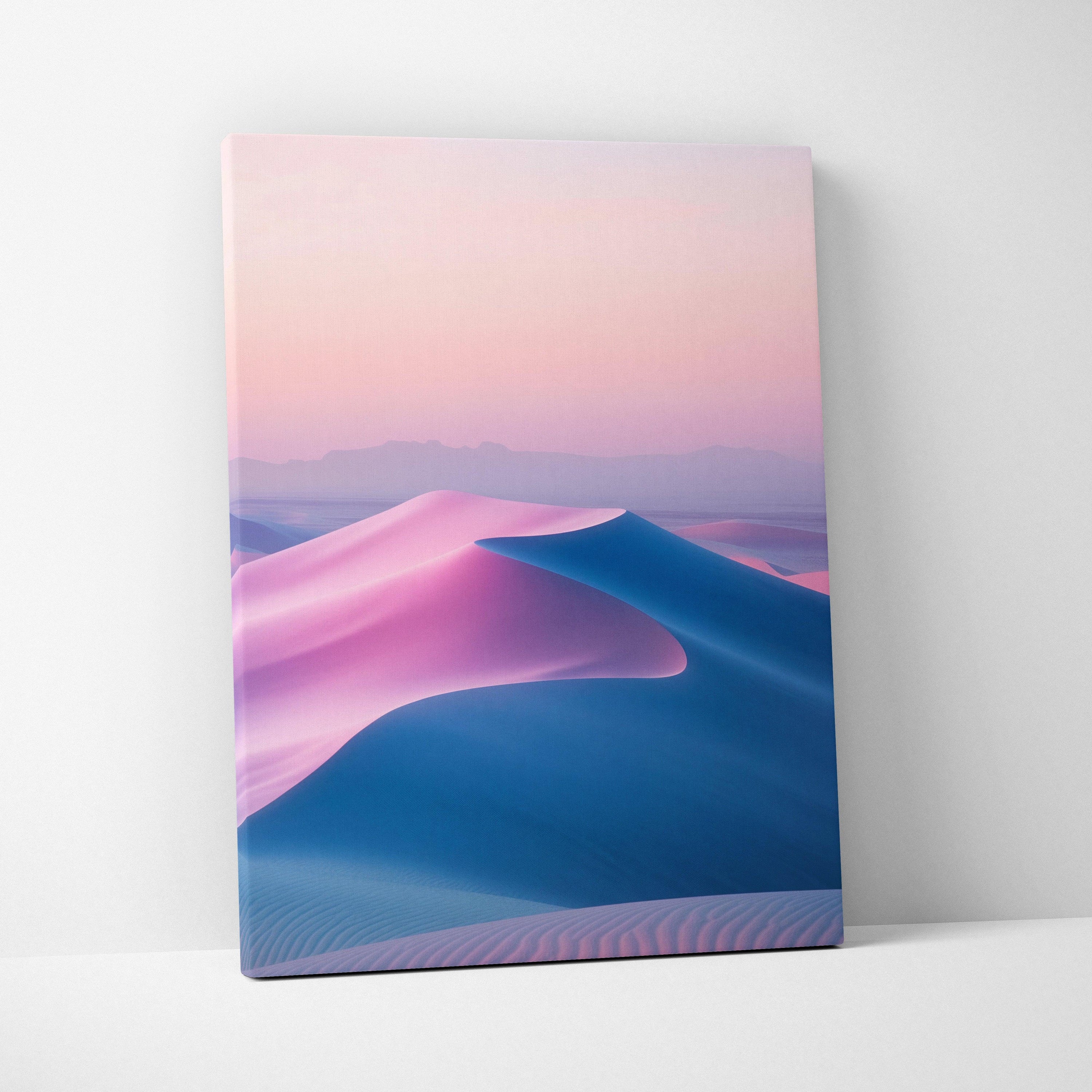 Canvas wall art featuring minimalist digital print of blue and purple sand dunes under a soft pastel pink sky.