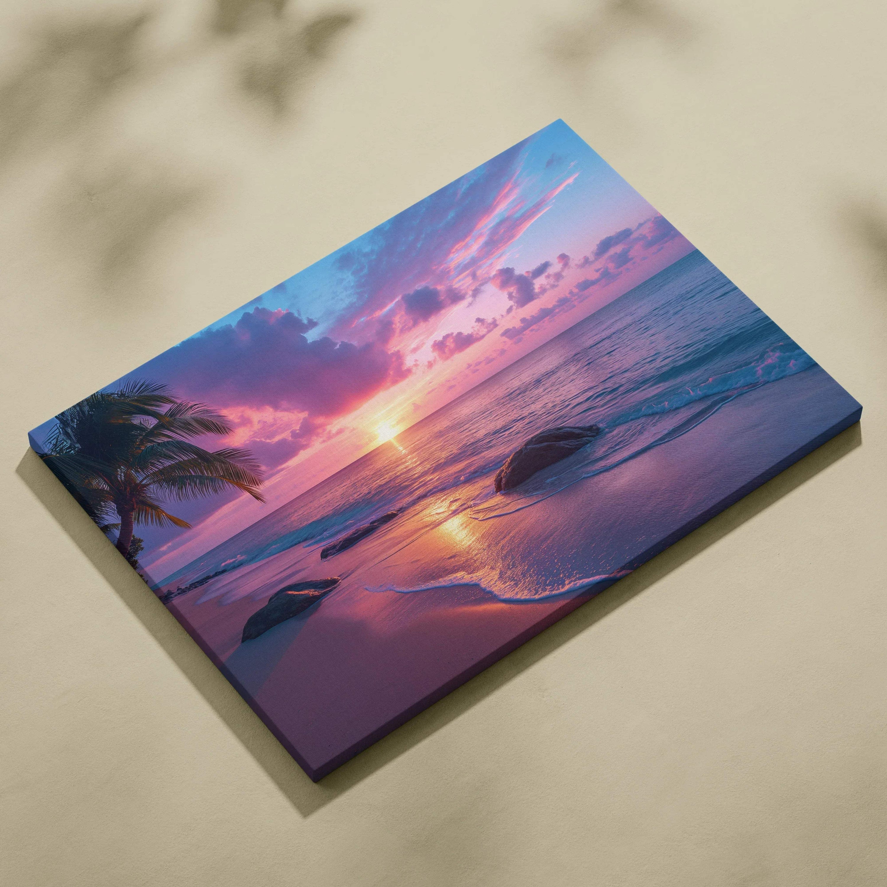 Vibrant tropical beach sunset canvas wall art with palm trees, purple hues, ocean waves