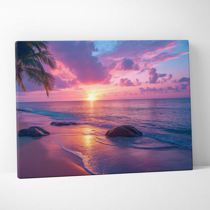 Canvas wall art of tropical beach sunset with ocean waves, palm trees in warm purple hues