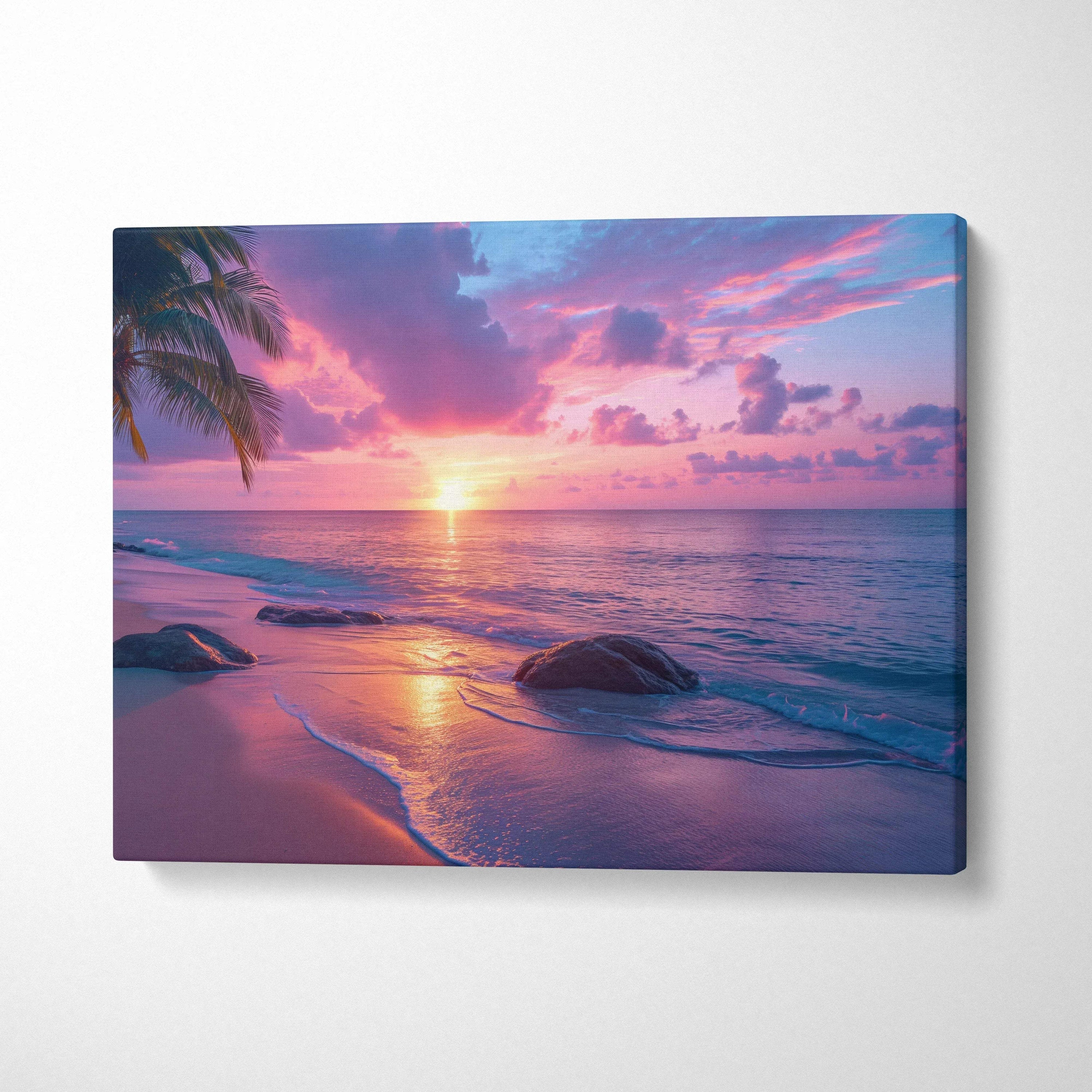 Canvas wall art of tropical beach sunset with ocean waves, palm trees, purple hues
