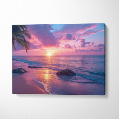 Canvas wall art of tropical beach sunset with ocean waves, palm trees, purple hues